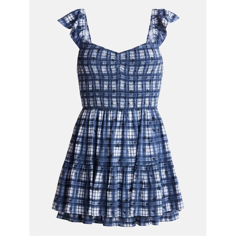 No Boundaries Womens XL 16-18 Smocked Romper Blue Plaid Flutter Sleeve Shorts